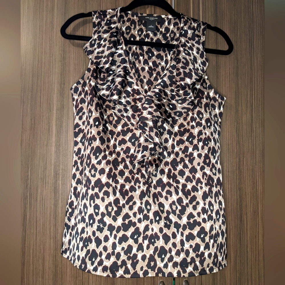 Ann Taylor Cheetah Print Sleeveless Blouse Ruffled Bodice, 0